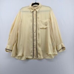 Zara Womens Beaded Trim Button Down Blouse Yellow Long Sleeve Shirt Size M